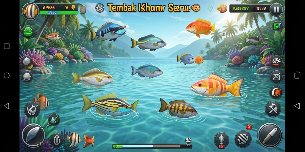 Screenshot gameplay AP686 dengan ikan berwarna-warni yang menunggu untuk ditangkap.
