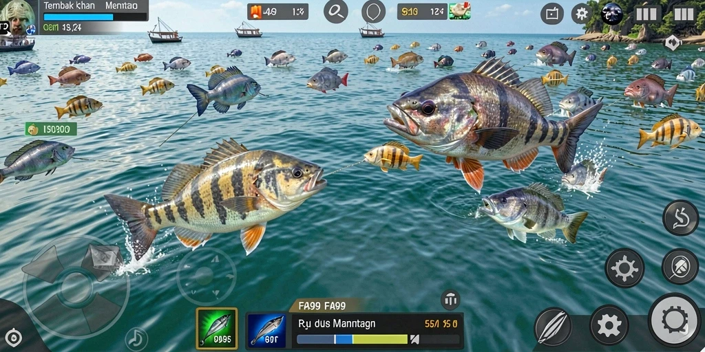 Tampilan utama gameplay FA99 dengan aksi menembak ikan yang seru.