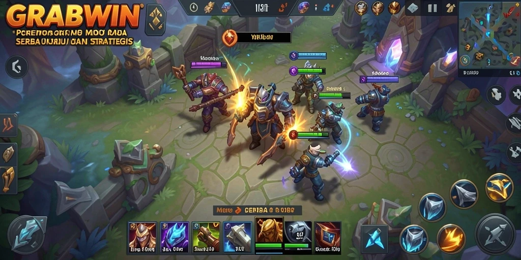Screenshot utama GRABWIN dengan aksi MOBA yang seru.
