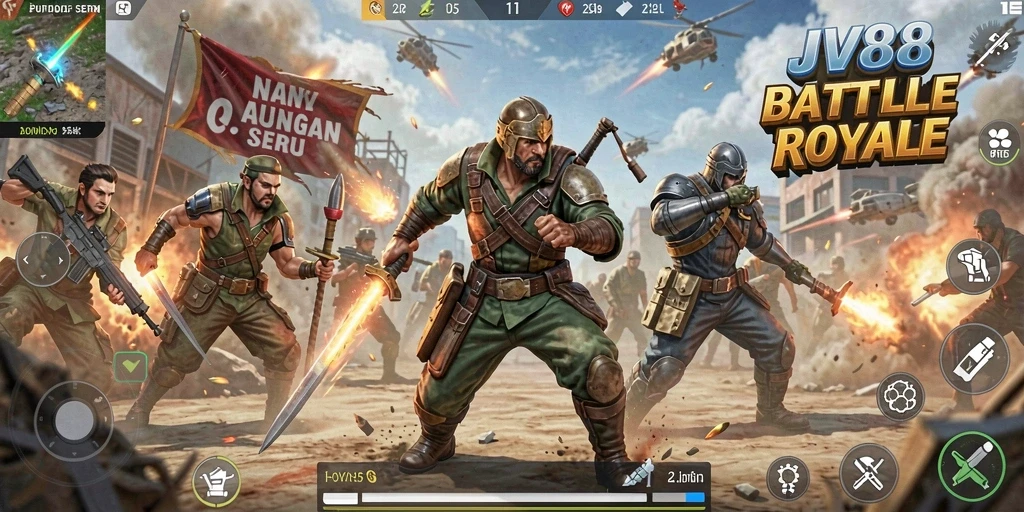 Tampilan gameplay seru dalam pertempuran Battle Royale di JV88.