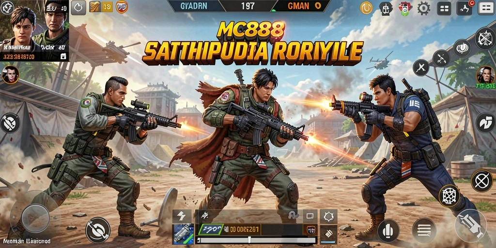 Tangkapan layar utama MC888 menampilkan aksi intens dalam pertempuran Battle Royale.