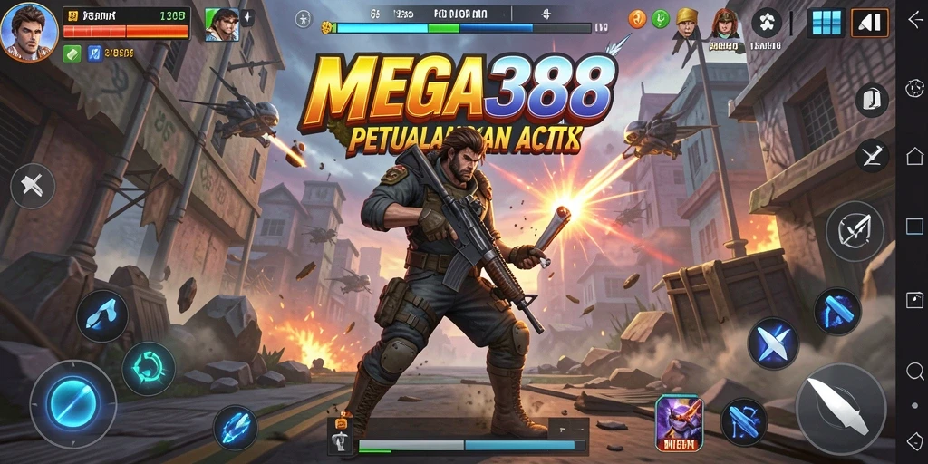 Screenshot utama MEGA388 menampilkan aksi mendebarkan di tengah pertempuran.