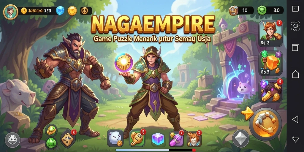 Screenshot utama NAGAEMPIRE menampilkan gameplay Puzzle yang penuh warna.