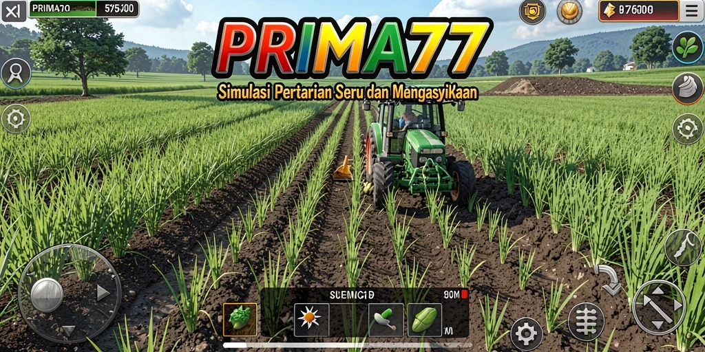 Tampilan gameplay PRIMA77 yang menawan dengan ladang yang subur.