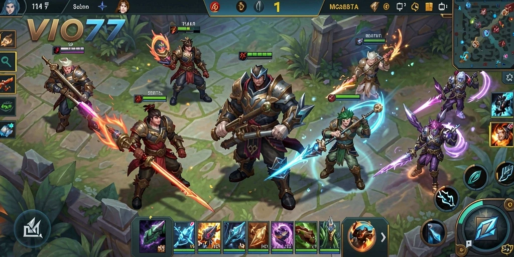 Screenshot utama VIO77 menampilkan pertarungan seru dalam arena MOBA.