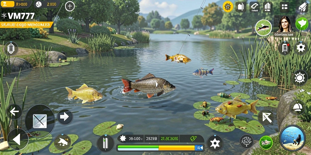 Tampilan gameplay utama VM777 dengan aksi menangkap ikan yang mendebarkan.