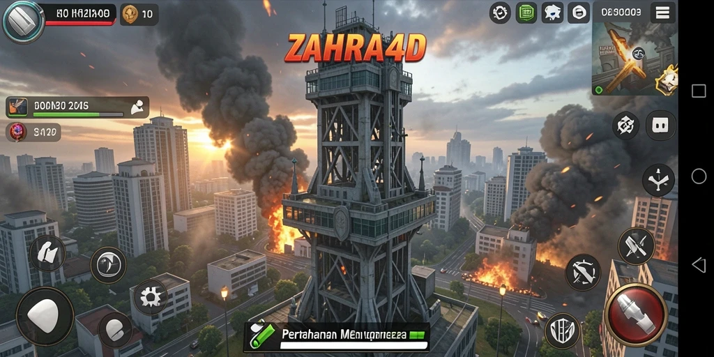 Tampilan gameplay menegangkan di ZAHRA4D dengan menara dan musuh yang beragam.